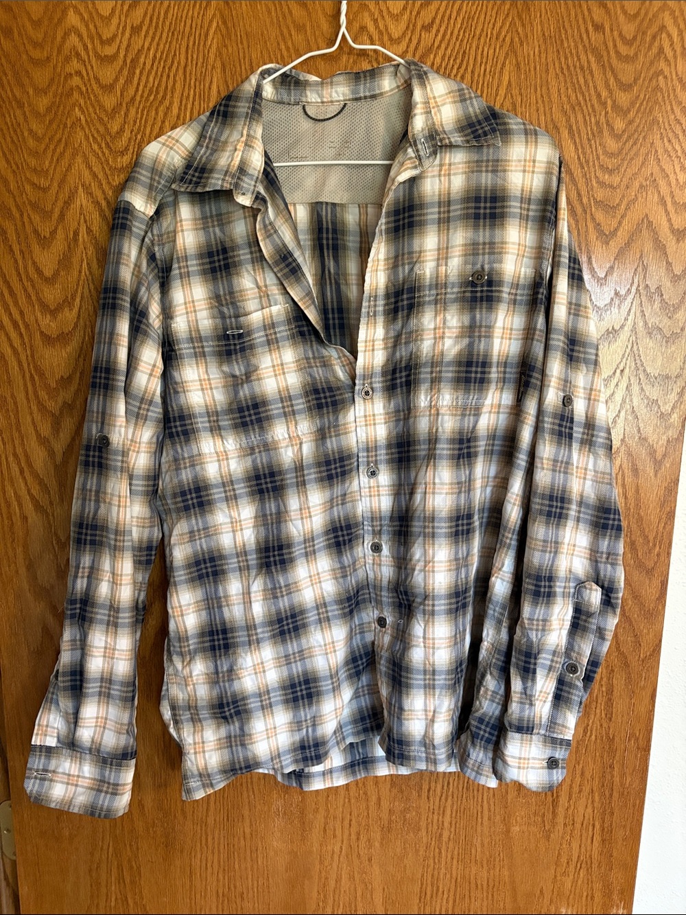Eddie Bauer Blue and Tan Plaid Button-Up hiking Shirt